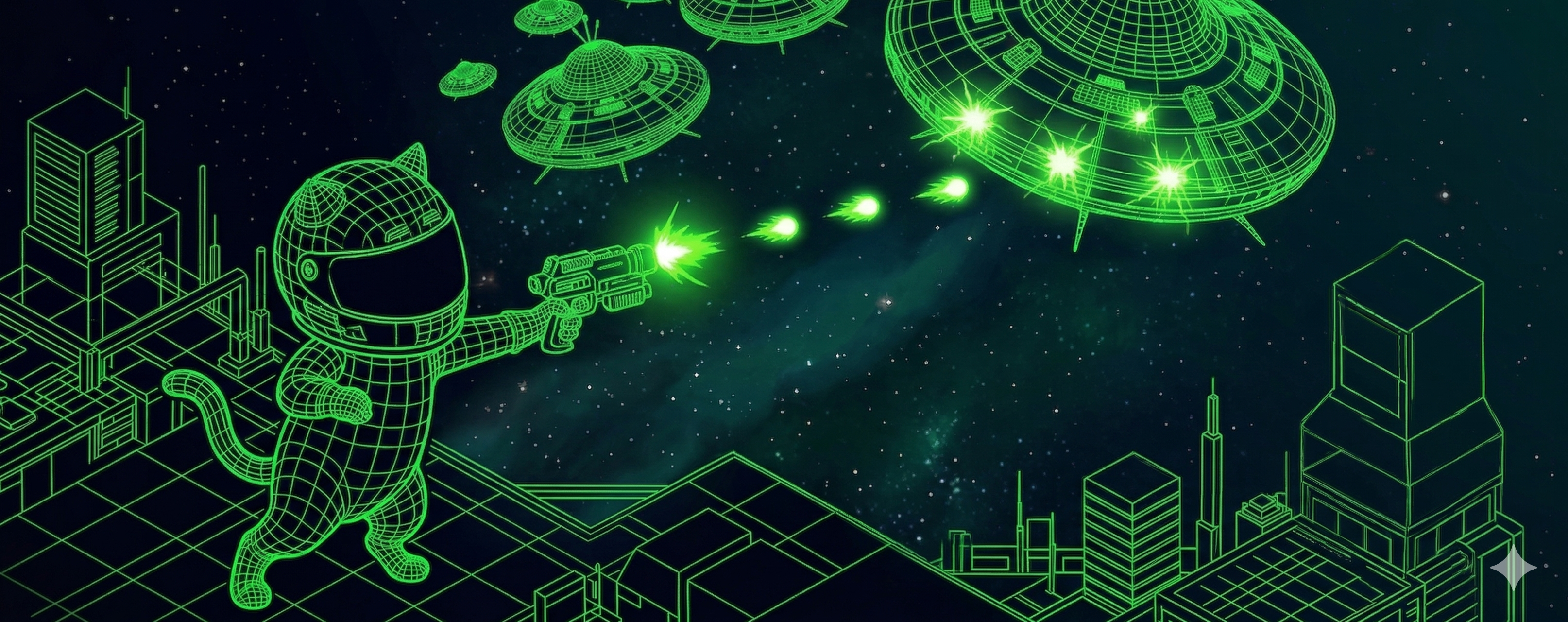 Murphy in a motorcycle helmet firing at UFOs above a neon city skyline